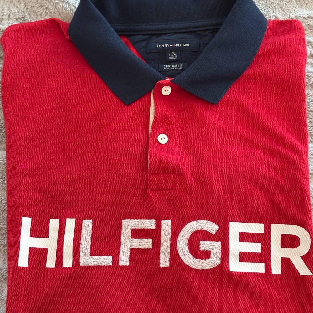 Tommy Hilfiger Custom Fit Polo Shirt Red XL - Big Logo Spellout Short Sleeve